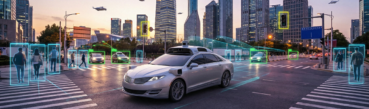 A futuristic self-driving car navigating a city street