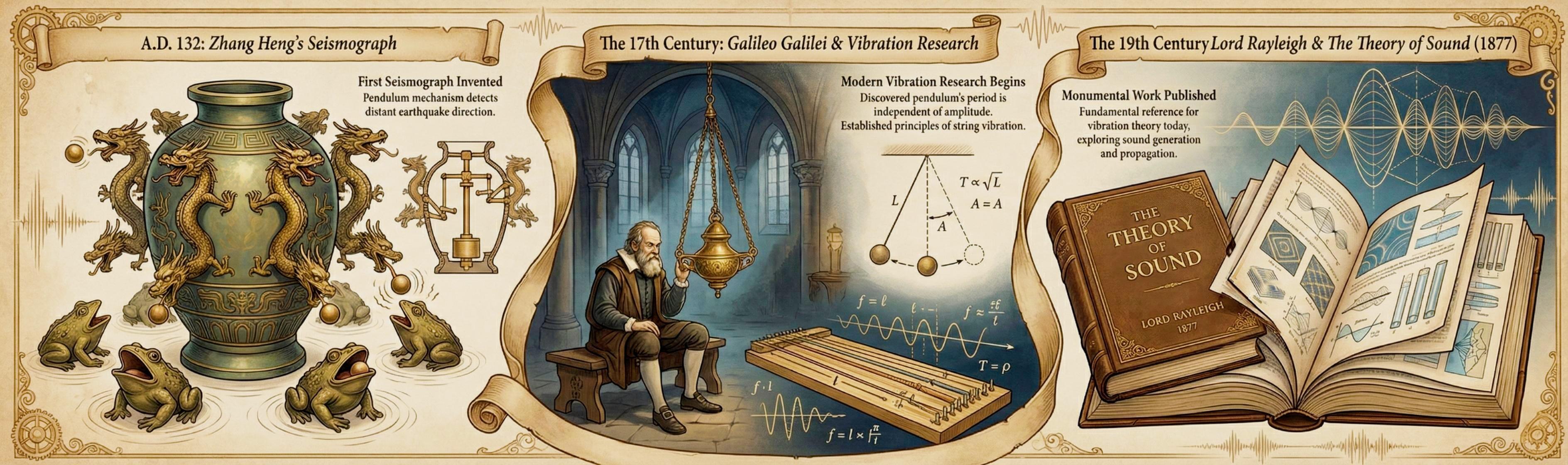 Key milestones in vibration research: Zhang Heng's Seismograph (A.D. 132), Galileo's pendulum discoveries (17th century), and Lord Rayleigh's Theory of Sound (1877)